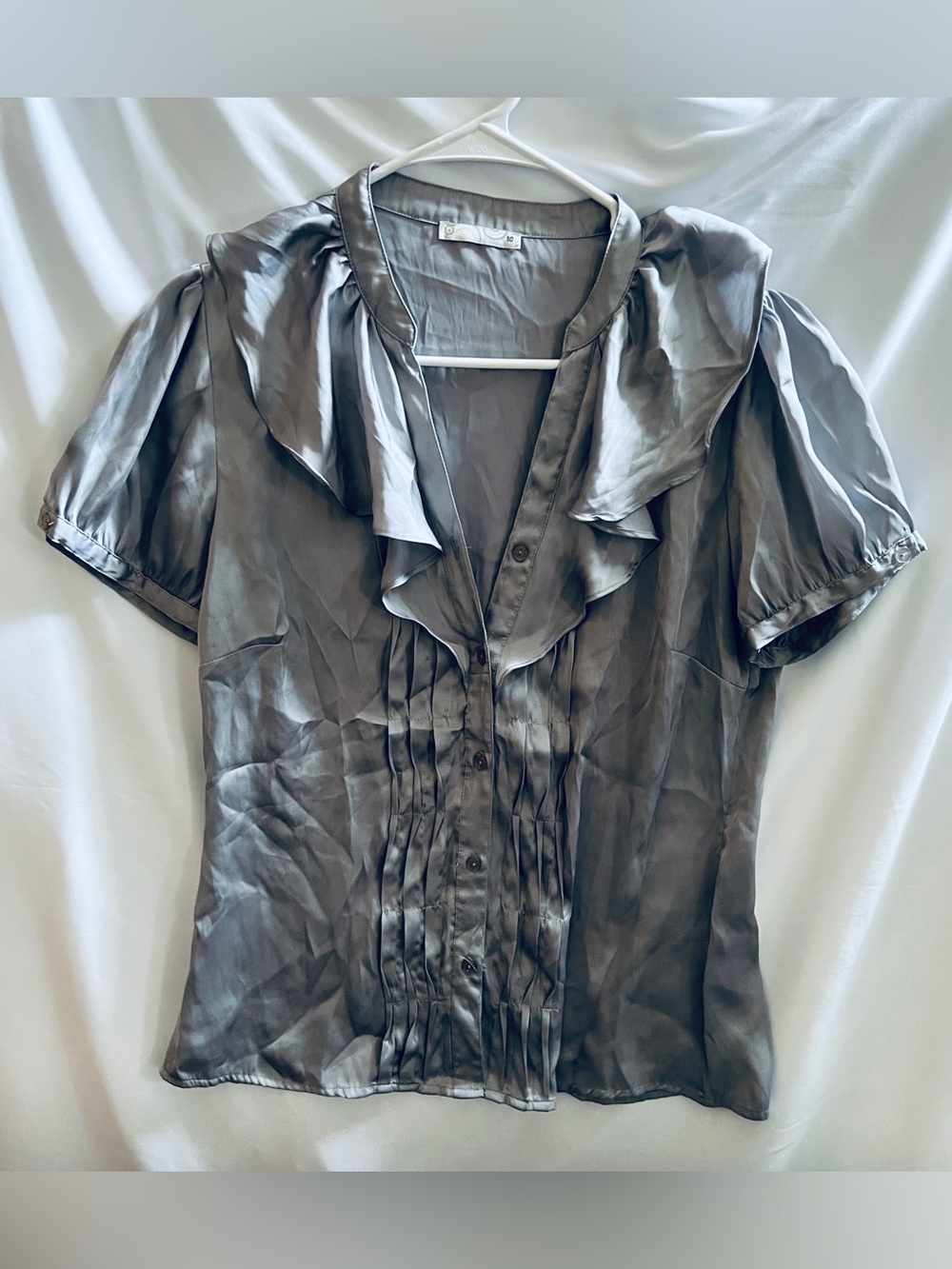 Silver Grey Satin Ruffle Blouse Shiny Short Sleeve Silk Style Top Size 10
